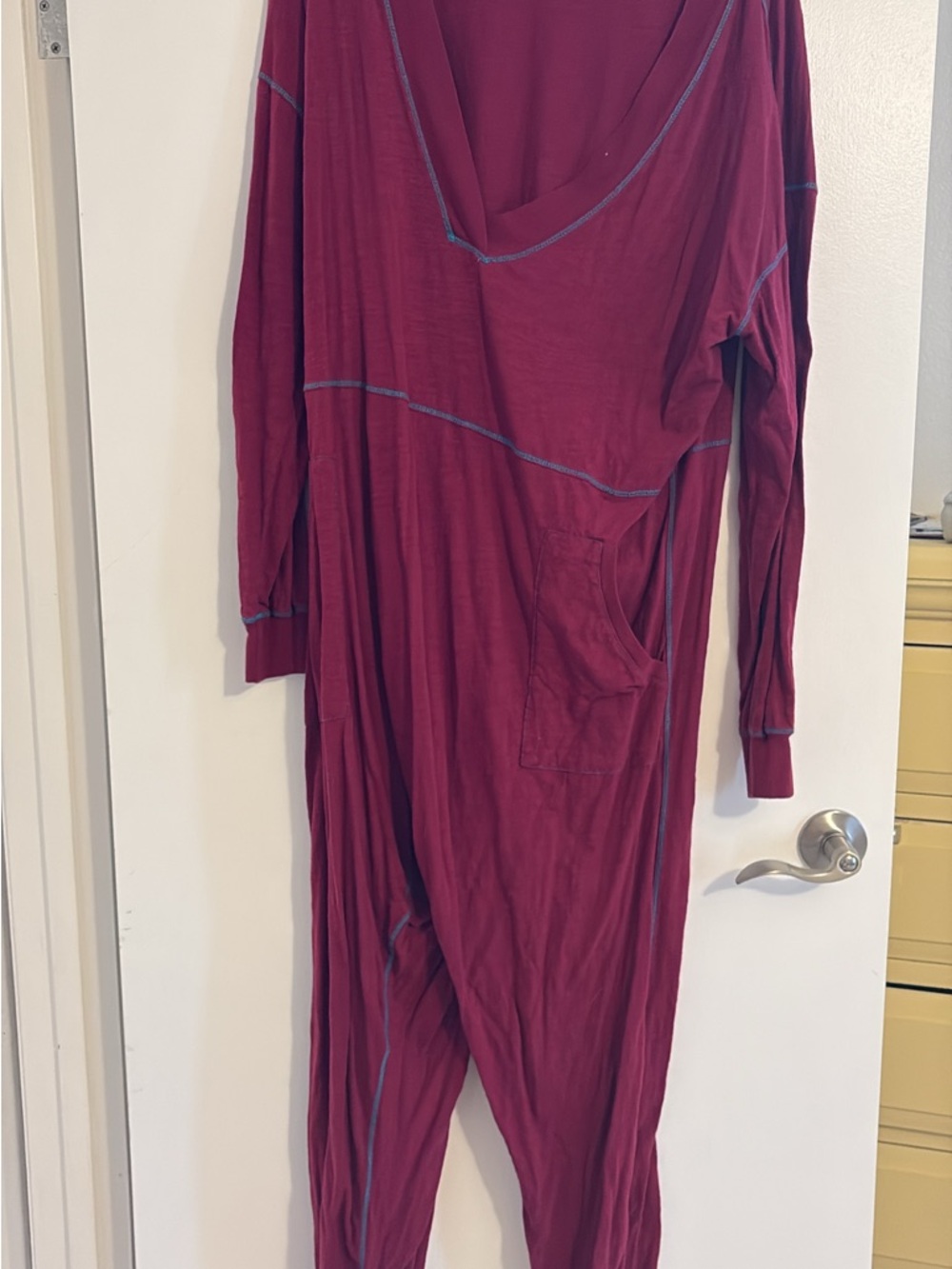 Plum One-Piece Jumpsuit with Contrast Stitching natural life medium 100% cotton
